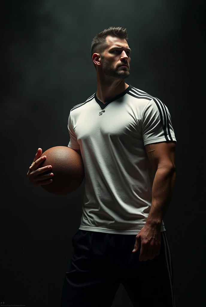 Best quality, Masterpiece, A high resolution, Detailed, Perfect anatomy, Pechich, A 35-year-old male, school, tracktop jacket, Open jacket, White shirt, gym, whistle around neck,The upper part of the body,basketball playground,track pants,The crotch is raised, penis is out