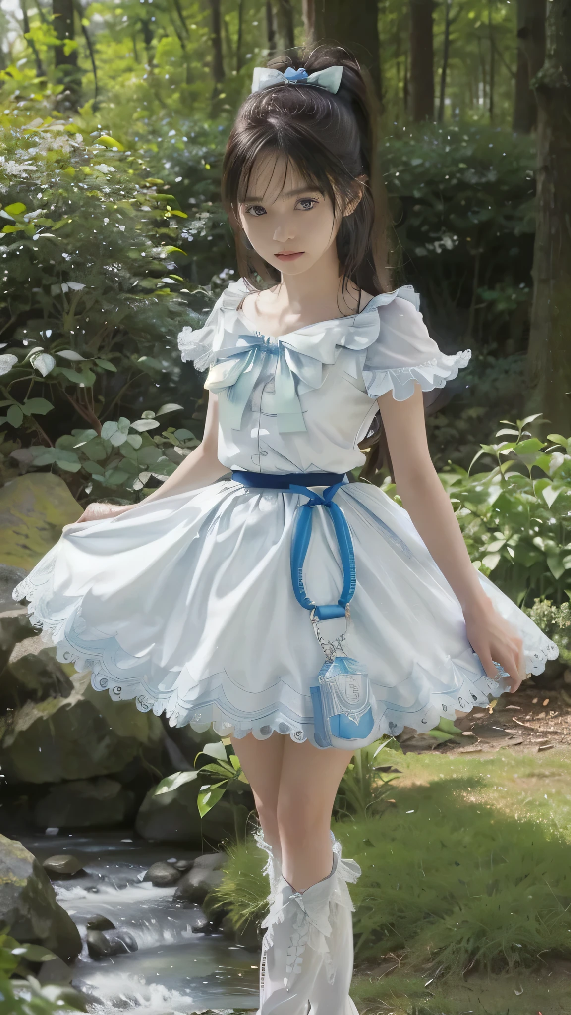 Realistic,in Forest,field,sunny,Blue Sky,masterpiece,Best Quality,The highest masterpiece,Full body angle,Full body image,Heroine of Justice,Troubled face,Troubled expression,Magic Warrior,Pretty Cure,Cure White,cure white,Cosplay,Nogizaka Idol,Satin Dress Cosplay,Satin one-piece dress,,Young,sex appeal,sexual,Easy to feel,Sensitive body,Wiggle,Erect Nipples,Pure white bow and blue brooch on chest,wide angle,Surprised,Eyes Wide Open,beautiful girl,Beautiful face,Beautiful Hair,Straight Hair,Smooth Hair,High layered cut hair,Ponytail with white bow,During combat,Fighting pose,Stance,fist,Martial Arts,hostility,Short sleeve,mini skirt,Blue accents on skirt edges,Pure White Silk,Pure White Silkのサテンワンピースドレス,Pure White Silkのトップス,Embellished tops,Flared skirt,Pure white lace skirt,Indigo sash belt,Pure white arm gloves,Pure White Silk Gloves,Pure white boot cover,Shiny Costumes,Pure white lace satin dress,Bodyline,Elegant tops,White ribbon with blue heart-shaped gem on chest,chest,Extreme weight loss,delicate,Waist,Narrow waist,Thin neck,長くThin neck,Narrow shoulders,Child body type,skinny,Beautiful breasts,Bust line,Medium sized breasts,Nipples,Looking at the camera,weak々Shii,Shyness,Embarrassed,blush,Brown Hair,Half Up,ponytail,White skin,beautiful girl,A once in a thousand year beautiful girl,Japanese,cute,cute,Super beautiful woman,Frills,Frills Skirt,Full body image,Heroine of Justice,White ribbon,Heart Earrings,Indigo heart brooch,White with blue accents,forest,wilderness,riverside,Baby Face,Young Face,Babyface,Double eyelids,気weak,Fleeting,Silver halide photo,Dress-style costume,Satin Dress Cosplay,sex appeal,That look in your eyes,Desperate,impatience,Naughty,sexy,Lewd,sensitive,allergy,premature ,Clear Face,Face clearly visible,Beautiful face,Long neck,excited,Thin body,Face is clear,Clear image,High resolution,High Quality,in forest,Half-open mouth,shortness of breath,fatigue,damage,Heavy breathing,White Skirt,Pure white lace design,Form-fitting silhouette,Deep V