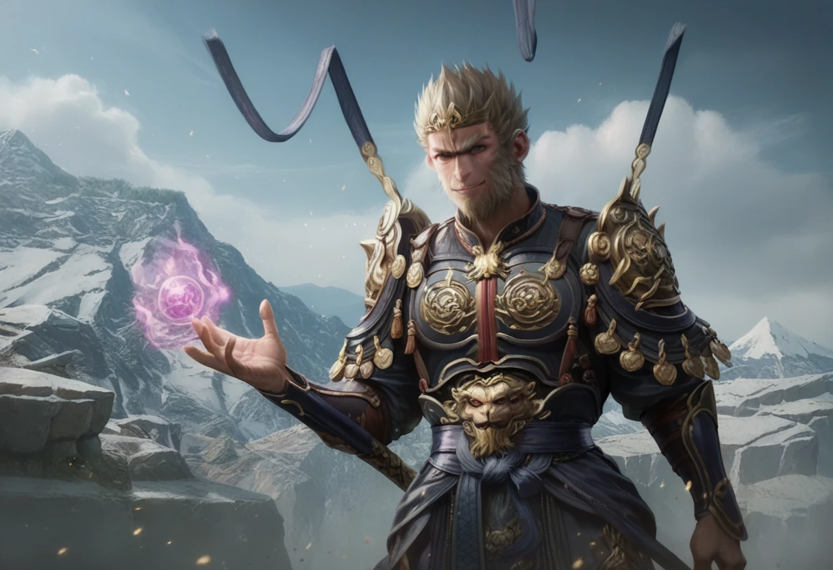 Positive prompts: score_9, score_8_up, score_7_up, score_6_up, BREAK source anime, 1boy, batting stance, Smirk, looking at the viewer, monkey king shiny armor, weapon, WU KONG, GOLDEN CUDGEL, HOLDING WEAPON, particles, divine energy emanating from his entire body, divine energy in the surroundings, magic aura, vista de 3 cuartos, desde arriba, On top of a mountain with magic energy all around