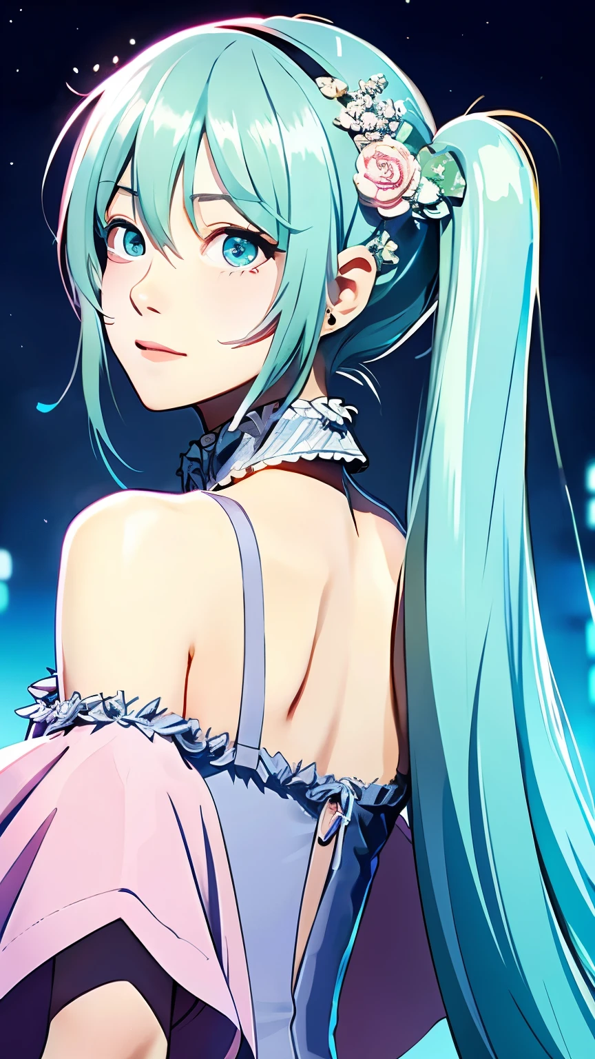 ((masterpiece, sidelighting, finely detailed beautiful eyes: 1.2)), ultra-detailed, ultra high res, professional lighting, high quality makeup, beautiful detailed eyes, sexy, beautiful, big eyes, drooping eye, (Hatsune Miku), (small breasts:1.2), blush cheek, blush body, green eyes, green hair, absurdly long hair, twintails, (purple and pink dress:1.3), armpit, Extremely cute, (extremely detailed beautiful face), Authentic skin texture, beautiful hair, beautiful face, beautiful eyes, beautiful body, beautiful hands, (sexual aroused), (sexual pleasure), (orgasm), (singing:1.5), (happy smile:1.3), (face focus, armpit focus:1.6), (concert hall:1.2)