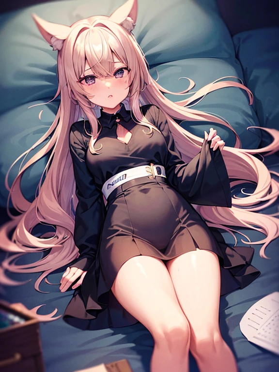 hot seductive mature woman, pale, curvy slim body, fluffy pink hair, choker, black boots, blushing a lot on cheeks and nose, lying in bed, very sweaty, messy hair, sharp red eyes, beautiful face, safe for work, drooling, smooth skin, full body, legs spread open, closeup, white office shirt