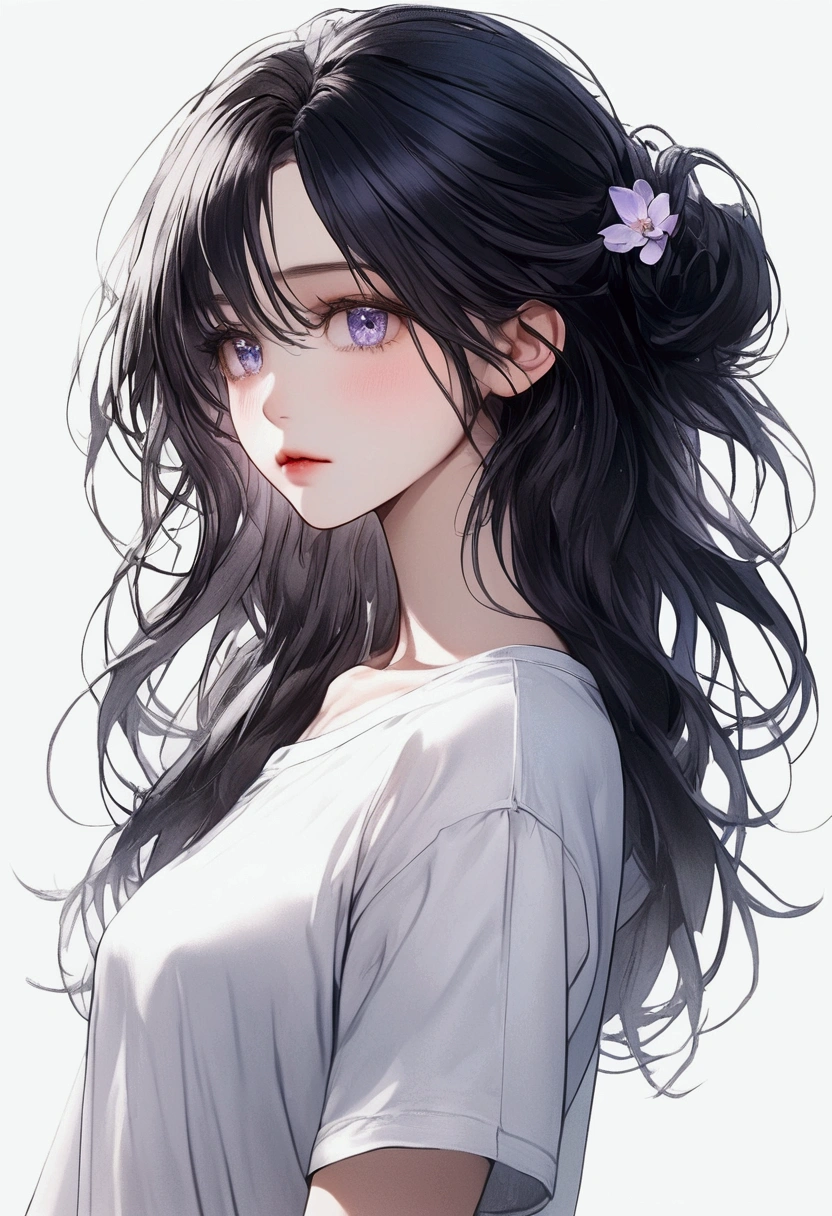 （Night orchid）（Wearing a loose white T-shirt）（Sleepy）（One hand rubbing the hair）(masterpiece), (Best quality), (Super detailed),(Messy hair),(illustration), (1 Girl), (Simple background),Beautiful and delicate eyes, Delicate and beautiful face, Floating,(High Saturation)(,(Shiny), focus on face, Bangs, (Shiny), Optimal lighting, The best shadow。