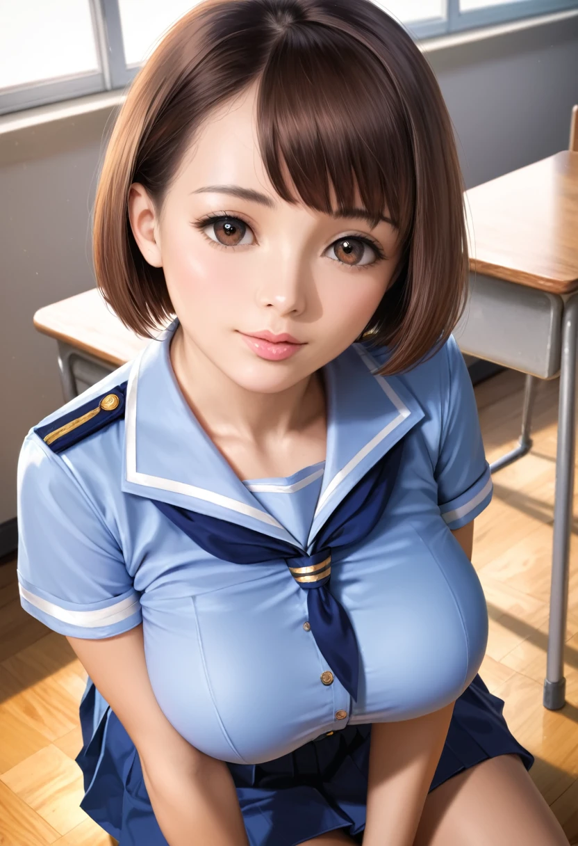 Best Quality, Face Focus, Soft Light, Ultra-high resolution, (Realistic:1.4), One Japanese girl, Alone, cute, (A shy smile:0.5), (Brown eyes, Light in your eyes), Beautiful face in every detail, (Large Breasts),(High resolution detail of human skin texture), (Short Bob Hair), break, In the classroom,Navy blue uniform, Best, skirt