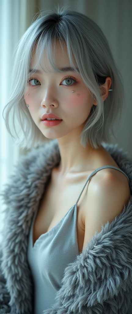 ((top-quality, Photorealsitic:1.4, masterpiece:1.3, RAW Photography:1.2, cinematric light, very detailed illustration), , (ultra delicate face, ultra Beautiful fece, ultra delicate eyes, ultra detailed nouse, ultra detailed mouth, ultra detailed facial features), (medium breast:1.3), skiny, lipgloss,
a beautiful woman, ((gray hair)), ((short bob cut)), hair in 7 thirds, light blue eyes, detailed skin, freckled skin, 20 years old, ((wavy hair)), ((hair over one ear)), ((Forehead)), ((1girl, solo)),　smile