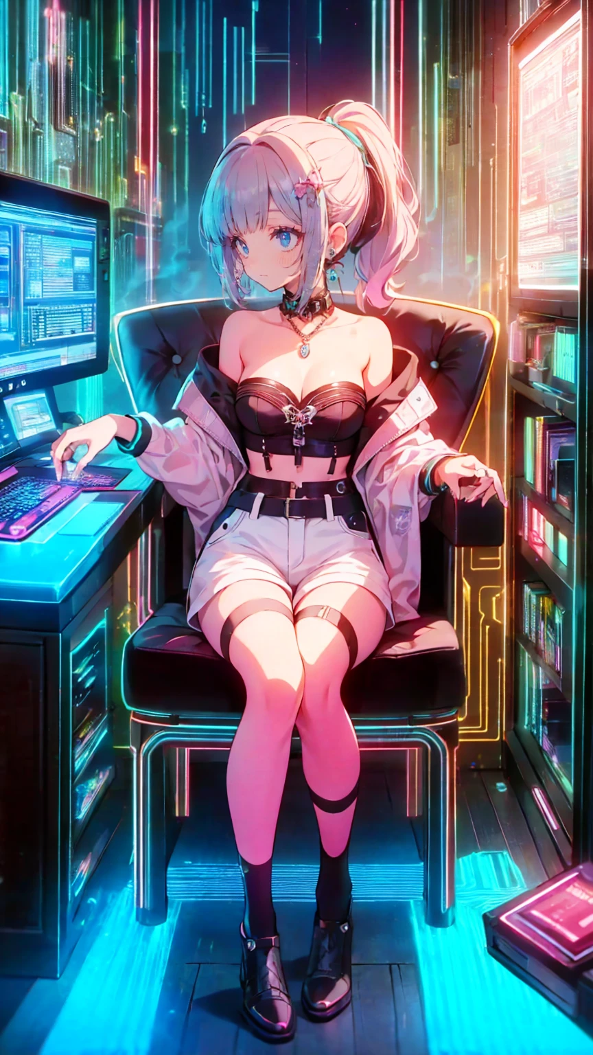 Best Quality, Best image quality, Very young girl, code, Hacker Style, curve,Hold a cigarette ,Smoke drifts from the cigarette,View the computer, A slight blush,、Side view、Deep purple, dark, cable, Vintage, Cyberpunk, Medium Bust, Big Breasts, Sparkling amber eyes, Aqua Eye, Eye Reflexes, Long upper eyelashes, Long, messy hair, Wavy, top ponytail, ((Black sexy strapless short tube top)), Leather jacket, (White denim hot pants), ((Black thigh-high socks)), smile, Glowing headphones, Diamond earrings, Wristbands, necklace, ring, Sit on a chair, In front of the computer, Play video games,データセンターのbackground, Deep purple主题, Night City、 Lean forward, Open one shoulder, joy, Beautiful art, background((Hacker Room, Server Room, Neon Light, Braces, Notes)), flight, Debris Scattered, Line depth, movie, Visual Arts, Perfect Art, Genuine, Verism, Anime Style, Shining Light, movie照明, Chiaroscuro, Ray Tracing, 8k, masterpiece, Ultra-fine skin, Super detailed face, Perfect Face, Extremely fine facial detail, Beautiful and delicate eyes, Perfect Eyes, Correct limbs, Correct Fig, Super detailed fig, Best hair quality, Best Clothing Quality, Best Prop Quality
