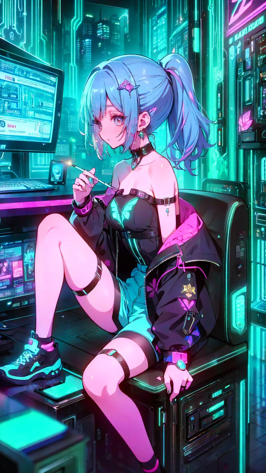 highest quality, Best image quality, girl, 20 years old, medium bust, Big breasts, sparkling tea eyes, rainbow hair, long hair, Wavy, High ponytail, ((Black short Strapless tube top)), distressed denim jacket, (distressed denim shorts), ((Thigh socks)), Smile, Hand tattoo, Diamond earrings, wristband, necklace, sit on the chair, There is an electric guitar, Guitar Playing, Leaning forward, Open one shoulder, elated, beautiful art, background((Hacker Room, Server room, neon lights, braces, notebook)), flight, Debris flying, writing border depth, Movie, visual art, Perfect art, real, super textured skin, super detail face, perfect face, Super fine facial details, beautiful and delicate eyes, perfect eyes, correct limbs, correct finger, super detail finger, best hair quality, best clothing quality, best prop quality, Verism, anime style, glowing light, cinematic lighting, masterpiece, high quality, 8K, masterpiece, anatomically correct, textured skin, super detail, best quality, 8k