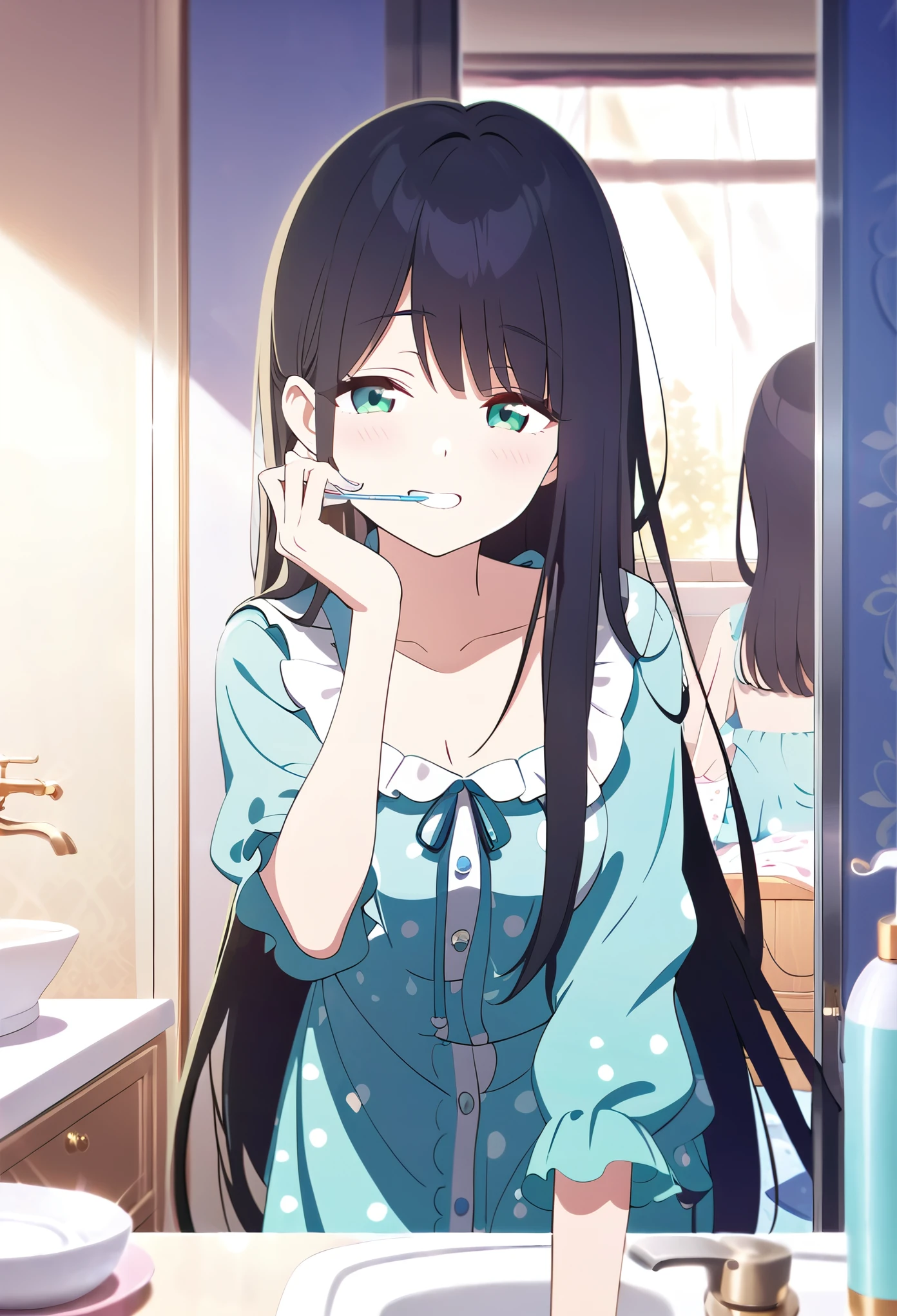 Super beautiful picture quality、High school girl、Slightly droopy eyes、Kind Face、Firm breasts、pajamas、Inside the house、The morning sun shines in、Bright green eyes、Home washbasin、Brushing your teeth while looking in the mirror、Black Hair、Smooth long straight hair、Top quality backgrounds、Fine weather