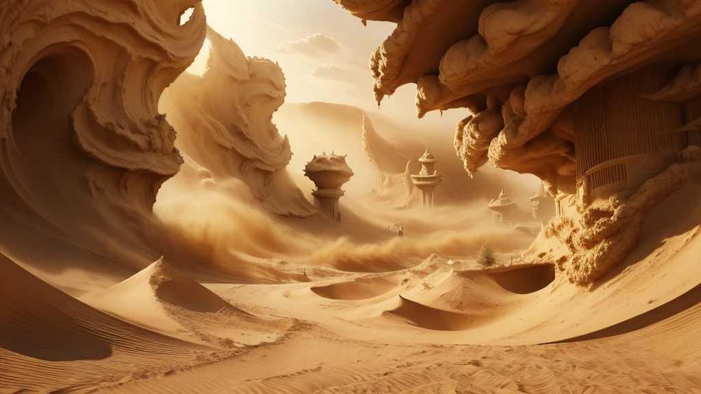 masterpiece, best quality, extremely detailed, hyperrealistic, photorealistic, gigantic sand tornado, a gigantic funnel-like indentation in the ground surface, strong wind, a tall sand barrier, a lot of sharp spikes, pillars of sand, sand aura, sand transformation, sand manipulation
