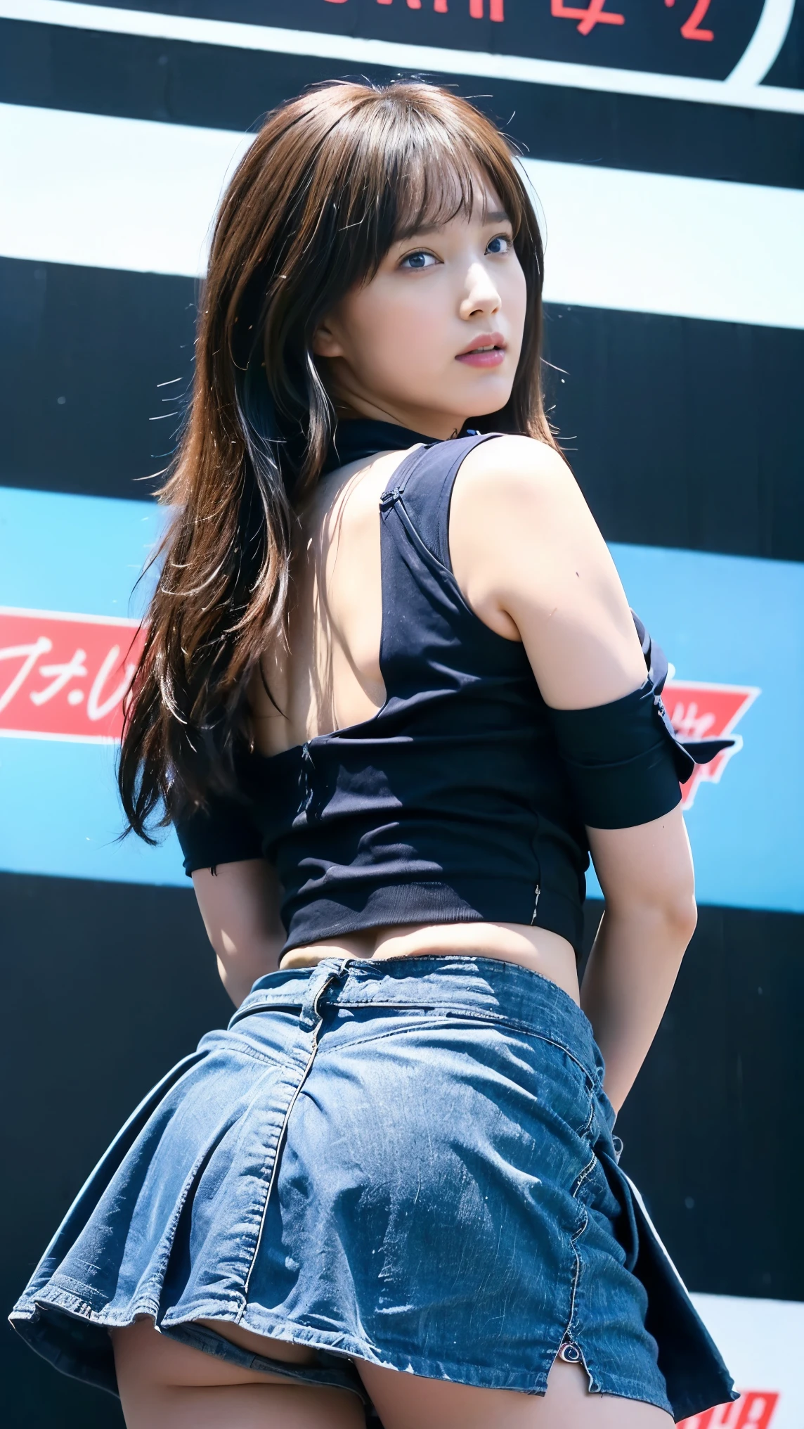 (masterpiece), (Racing Girls), Black Hair, A faint smile, Highly detailed eyes and face, Jet Black Hair、Straight Hair、beautifully繊細な目, ((Large Breasts:1.2)), (Best Quality, High resolution, reality, original, 8k,masterpiece, ),(((Dynamic pose))),(((Her blue miniskirt flips up))),(((Bare inner thigh))),(Vibrant colors:1.2), (beautifully),((circuitの景色))、sunny、blue sky、circuit、((Stand in front of a racing car))、((Butt sticking out pose))、(((Rear view:1.2)))、((From below:1.4))、Healthy Thighs、((Strong winds:1.2))、((Strong windsでスカートが大きくめくれる:1.4))