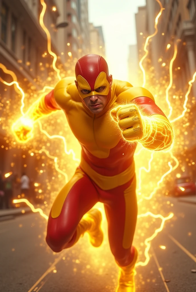 The reverse flash, yellow suit,red lightning trail,slow mo image, running up a building,legs are blurry,8k, uhd, severe low lighting, high quality, sharp focus, fujifilm XT3,ray tracing 