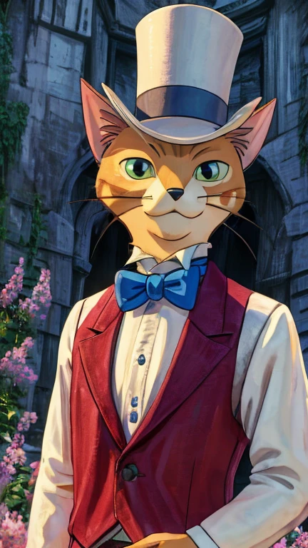 (male, solo, cat), highly insanely detailed, masterpiece, top quality, best quality, highres, 4k, 8k, RAW photo),((innocent look)),((ghibli style)),From the front, symmetrical composition,smile,cute,Innocent,Kind eyes,Flat chest,digital art Style, Ruins of forgotten old town in grass and flowers, (baron),front view, Upper body, gloves, hat, bow, bowtie, formal, suit, top hat, traditional bowtie,