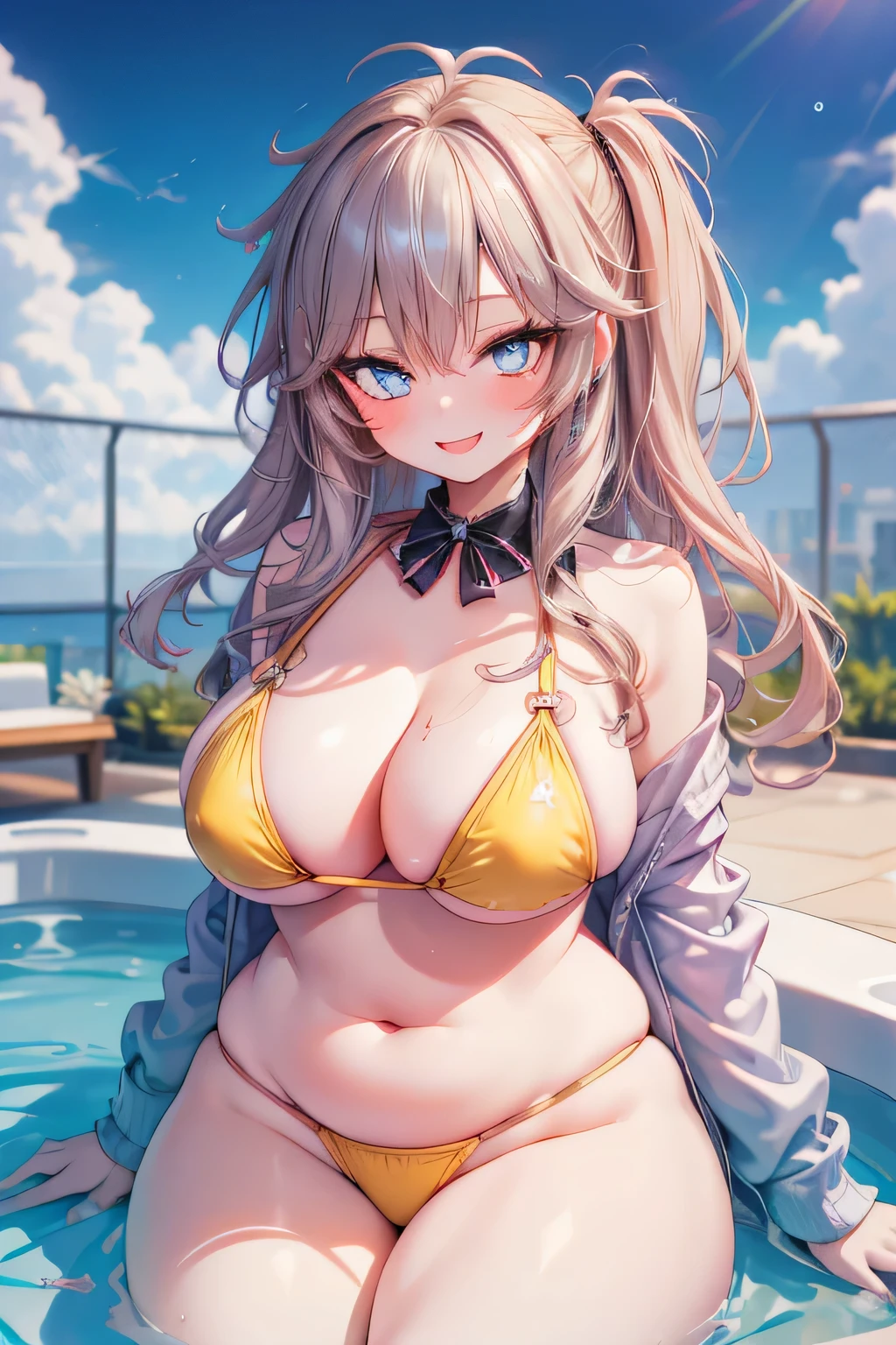 Hentai、Best Quality、Plump busty high school girl makes a sexual appeal in the jacuzzi of a luxury hotel、Bright yellow bikini、Perfect proportions、Weight-induced sagging breasts、smile、Fatty legs、Beautiful sparkling eyes、smile、Blushed、Cowboy Shot