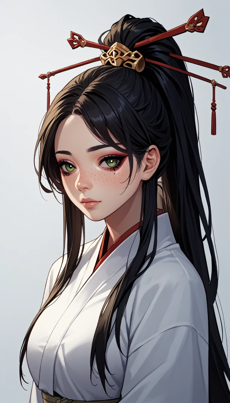 (zPDXL2), (PonyXLV6_Scores), source_anime, Expressiveh, solo, four-quarter portrait, BREAK

1 girl，Japanese girl, Korean girl, asian girl, Sexy green long hair，High Ponytail，Hair shine，Skin details，Beautiful facial features，healer, pharmacist, Exquisite makeup，Exquisite eyes，Eye details，Dark eyeshadow，small freckles，Plain Hanfu，Shoulder，arm