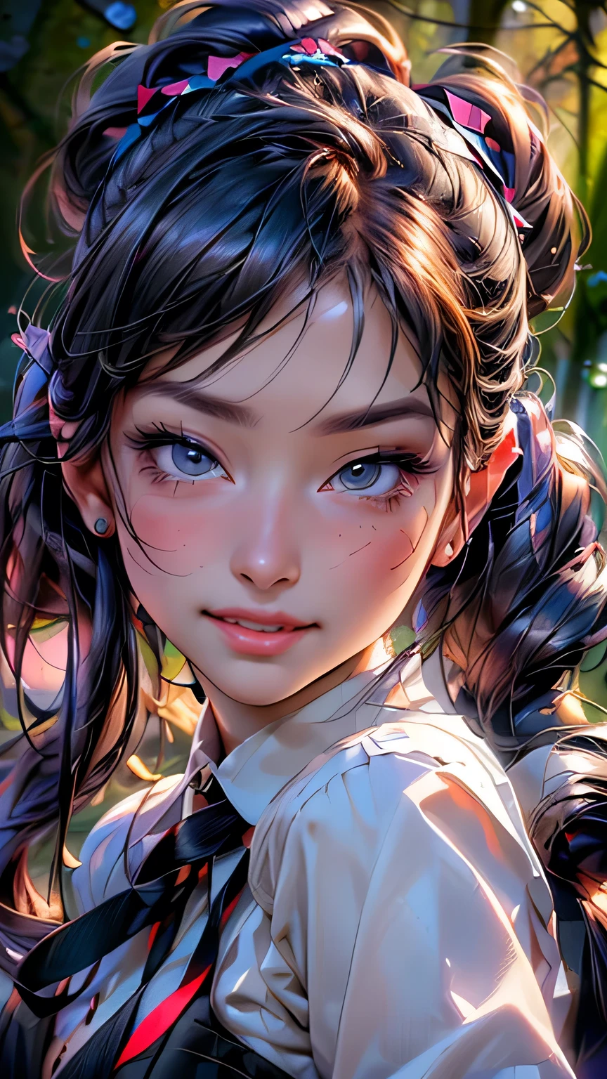 best quality, ultra-detailed, realistic:1.37, schoolgirl, school uniform, coiled hair, hair bun, hairpin, red rose, blue butterfly, white rabbit, signboard, mysterious, light and shadow, proper proportions, aesthetics, atmosphere