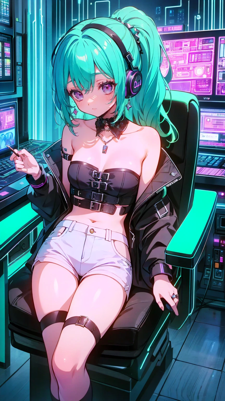 Best Quality, Best image quality, Very young girl, code, Hacker Style, curve,Hold a cigarette ,Smoke drifts from the cigarette,View the computer, A slight blush,、Side view、Deep purple, dark, cable, Vintage, Cyberpunk, Medium Bust, Big Breasts, Sparkling amber eyes, Aqua Eye, Eye Reflexes, Long upper eyelashes, Long, messy hair, Wavy, top ponytail, ((Black sexy strapless short tube top)), Leather jacket, (White denim hot pants), ((Black thigh-high socks)), smile, Glowing headphones, Diamond earrings, Wristbands, necklace, ring, Sit on a chair, In front of the computer, Play video games,データセンターのbackground, Deep purple主题, Night City、 Lean forward, Open one shoulder, joy, Beautiful art, background((Hacker Room, Server Room, Neon Light, Braces, Notes)), flight, Debris Scattered, Line depth, movie, Visual Arts, Perfect Art, Genuine, Verism, Anime Style, Shining Light, movie照明, Chiaroscuro, Ray Tracing, 8k, masterpiece, Ultra-fine skin, Super detailed face, Perfect Face, Extremely fine facial detail, Beautiful and delicate eyes, Perfect Eyes, Correct limbs, Correct Fig, Super detailed fig, Best hair quality, Best Clothing Quality, Best Prop Quality
