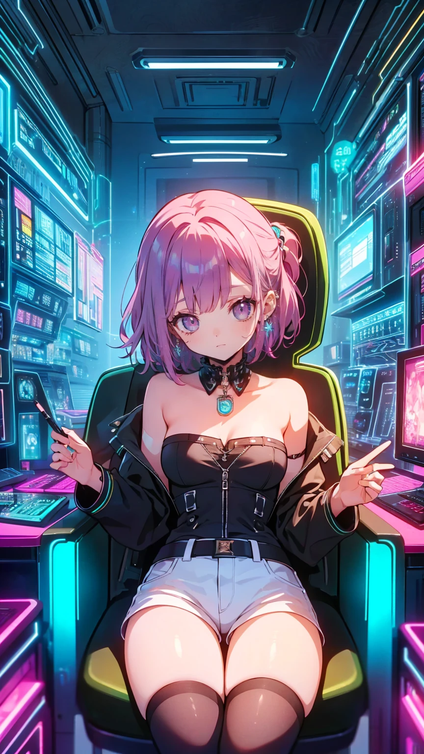 Best Quality, Best image quality, Very young girl, code, Hacker Style, curve,Hold a cigarette ,Smoke drifts from the cigarette,View the computer, A slight blush,、Side view、Deep purple, dark, cable, Vintage, Cyberpunk, Medium Bust, Big Breasts, Sparkling amber eyes, Aqua Eye, Eye Reflexes, Long upper eyelashes, Long, messy hair, Wavy, top ponytail, ((Black sexy strapless short tube top)), Leather jacket, (White denim hot pants), ((Black thigh-high socks)), smile, Glowing headphones, Diamond earrings, Wristbands, necklace, ring, Sit on a chair, In front of the computer, Play video games,データセンターのbackground, Deep purple主题, Night City、 Lean forward, Open one shoulder, joy, Beautiful art, background((Hacker Room, Server Room, Neon Light, Braces, Notes)), flight, Debris Scattered, Line depth, movie, Visual Arts, Perfect Art, Genuine, Verism, Anime Style, Shining Light, movie照明, Chiaroscuro, Ray Tracing, 8k, masterpiece, Ultra-fine skin, Super detailed face, Perfect Face, Extremely fine facial detail, Beautiful and delicate eyes, Perfect Eyes, Correct limbs, Correct Fig, Super detailed fig, Best hair quality, Best Clothing Quality, Best Prop Quality
