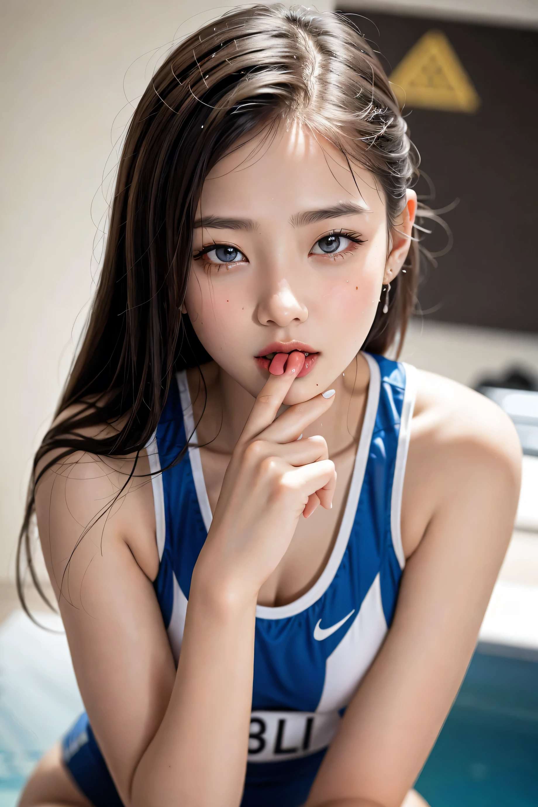 Portrait of an 18 year old cute beautiful perfect face petit teen, she is happy, very beautiful Russian, raw, in bed, (dark private study, dark and moody light: 1.2), cute smile,wearing swimsuite,