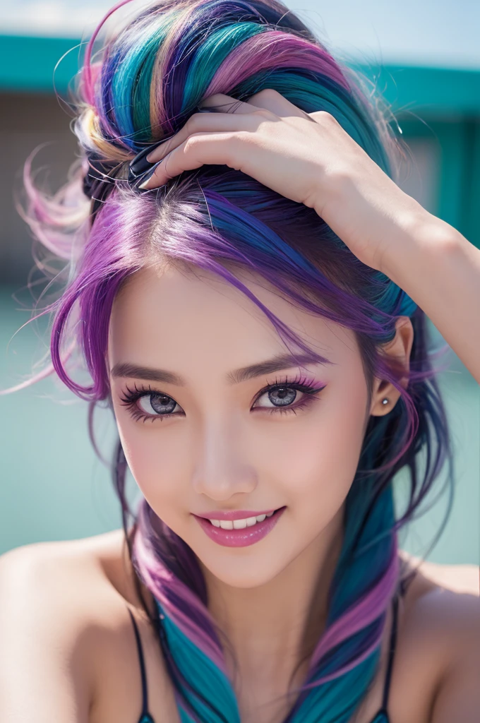 high quality, real、High resolution, Realistic、8k、masterpiece, detailed.impressive, Cutting-edge female photography portraits, Mini Bikini、Soft look、smile、Mid Shot、Looking at the camera、Facing forward、cyan, and purple, Her vibrant makeup really catches the eye.. Her colorful hair is tied up high、Various hair colors