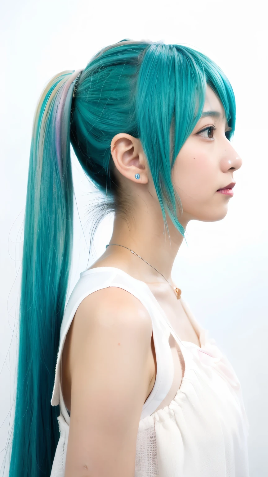 1girl, long light blue hair, white skirt, close-up, beautiful detailed eyes, beautiful detailed lips, extremely detailed face, longeyelashes, (best quality,4k,8k,highres,masterpiece:1.2),ultra-detailed,(realistic,photorealistic,photo-realistic:1.37),portrait,soft lighting,delicate,feminine,serene