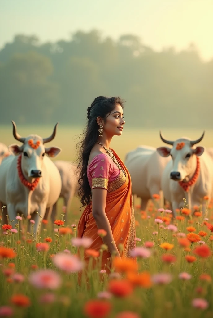 A two indian beautiful girls with buffalo in farm
