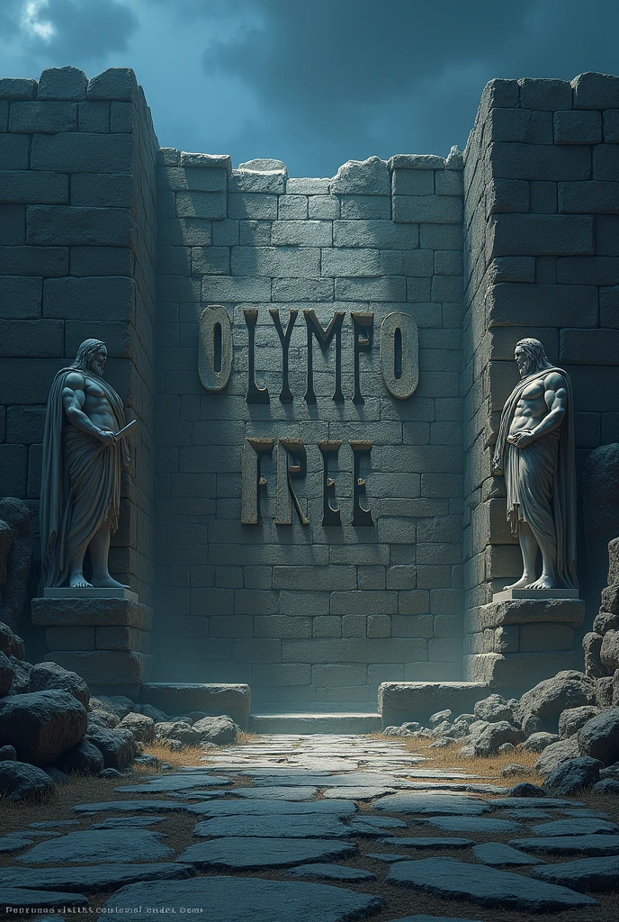 An incredible wall in ruins at night with the phrase 'OLYMPO FREE' carved in capital letters and a statue of Kratos on the right side and a statue of Zeus on the left side