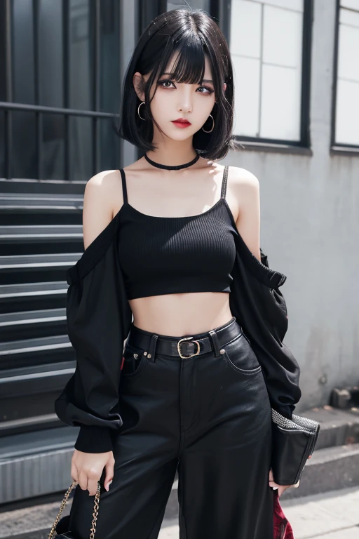 21yo girl with short dark hair and a tattered grey cloak, black pants. she hovering in the air, on top of a building in a gothic fantasy city. the sky has a red glow and ash is falling.