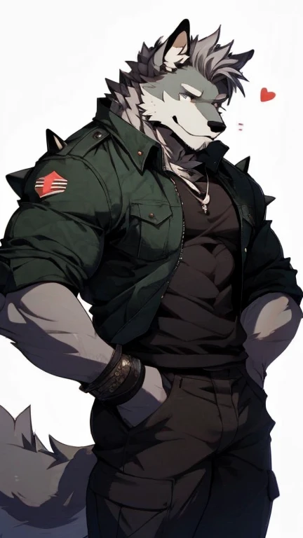 A Top Right Side Picture of A Very Muscular Furry style Gray Wolf. he is wearing A Full Dark Green Soldier suit. He is looking at the viewer. The background is just colour white. His hair is spikey and very messy. He have A gray hair. He have a little smile with blushes on his face in shyness. He have a very long gray tail. he have gray eyes. his one hand is scratching his head while his other hand is in his pockets. he is standing in the background, His tail is curling in front of him