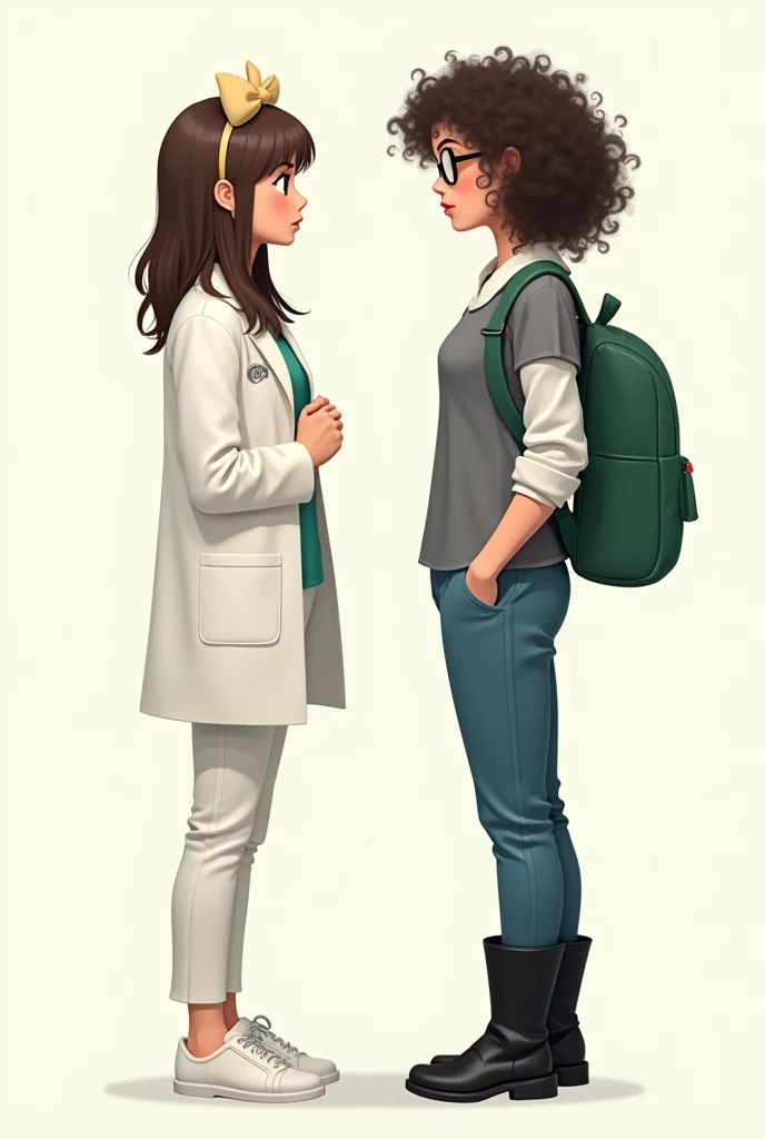 Two girls facing each other but distant One must have straight layered hair, with a doctor's coat, white pants and shoes and a bow in her hair (All her clothes and her white boy)
And the other girl should have curly hair With glasses and her clothes should be a gray blouse with a white collar and sleeves, blue pants and black boots with a green backpack. The one with curly hair should be taller and they should look like adults with longer curly hair.
