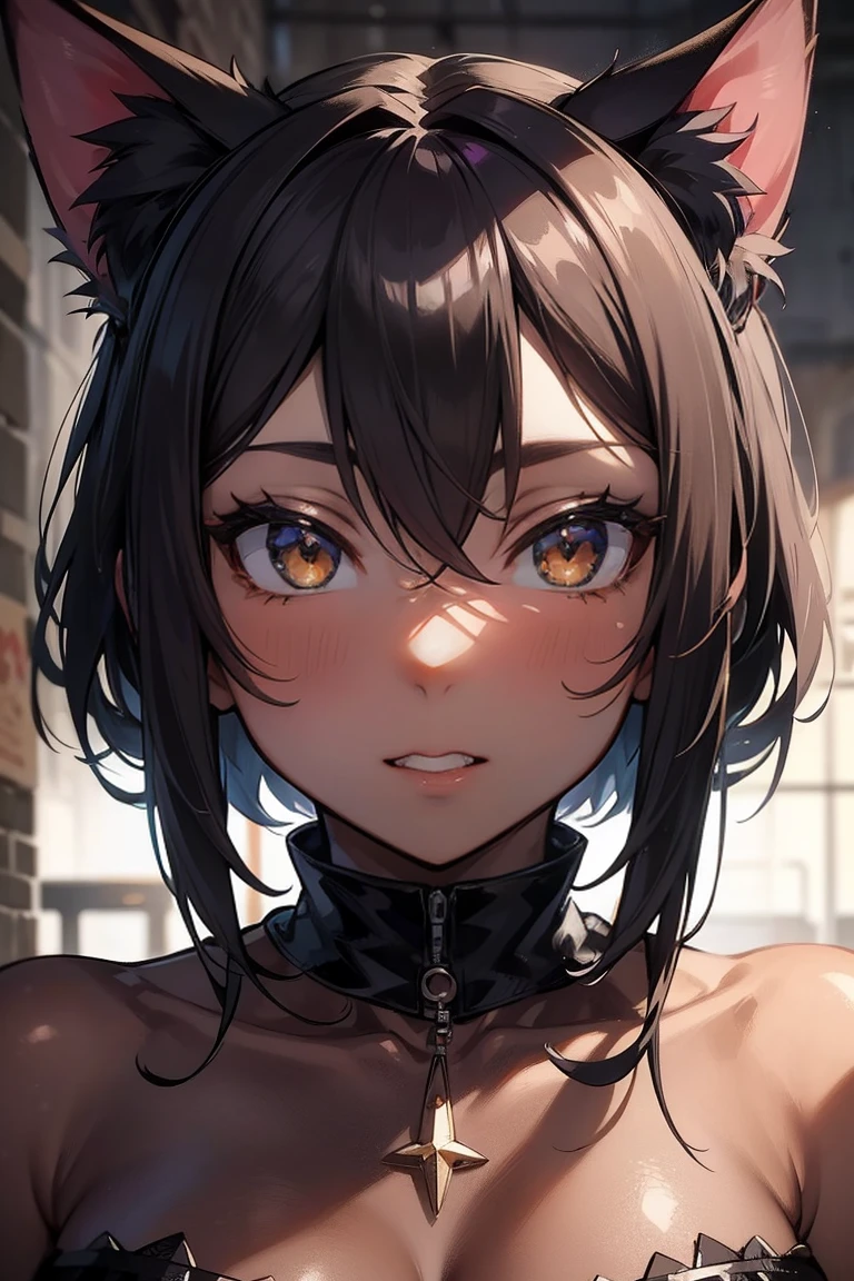 (masterpiece), Best Quality, Very detailed faces, (Sharp details), 4K, Very detailed, Expressive eyes, SHARP detail Expressive eyes, (Sharp detailsの完璧な顔), ((Dark Skin)), (cat ears), (Cat&#39;s Tail), ((Black Hair)), Amber Eyes, ((Very short sporty hair)), (Mature Woman), (Huge breasts), smile, Toned body, smile, Outdoor, Concrete wall with graffiti, Concrete wall, Neon Light, ((In a narrow and dirty alley)), at night, Cinema Lighting, wear (Punk clothes), abdomen, Off the shoulder, Deep valley, Fishnet stockings, (((prostitution))), Offer sex, ((黒いPull on hot pants)), (wear (Crop top)), Peeking at Pussy, pubic hair, Standing, Pull on hot pants, Curvy,