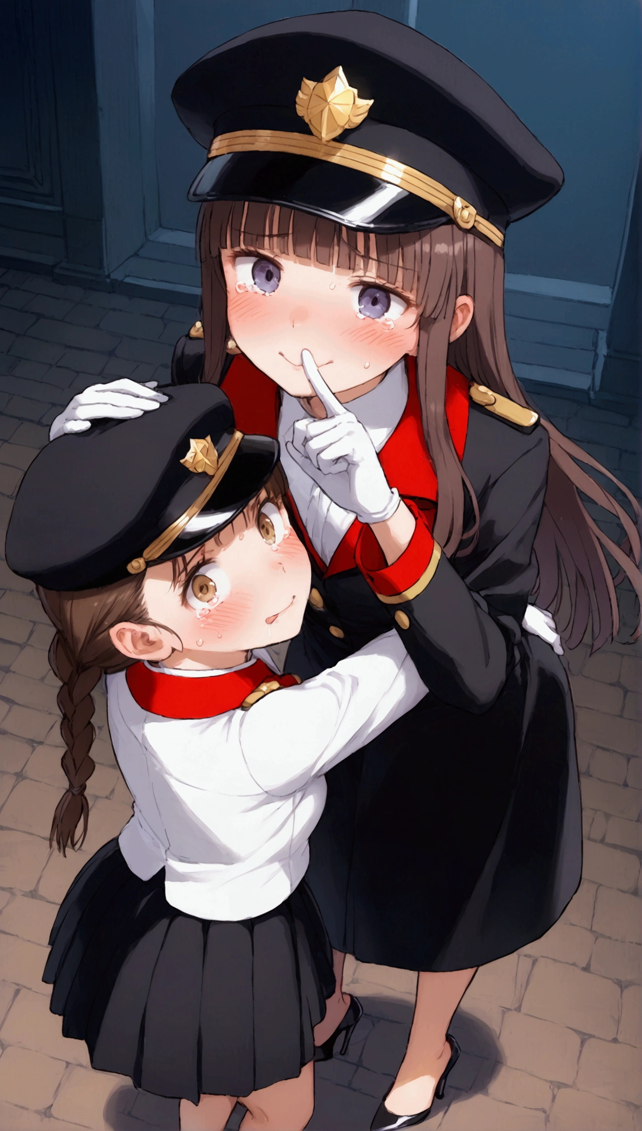 NSFW,masterpiece,Highest quality,High resolution,Very detailed,Baby-faced girl,Young face,Round face,mole,long hair,Twin tails,Short height,Police Officer,hat,Pencil Skirt,pantyhose,Heel,Nightlife,In town,(Molester),(Lustful face),I feel,In heat,(Love juice drips),Trembling,Embrace