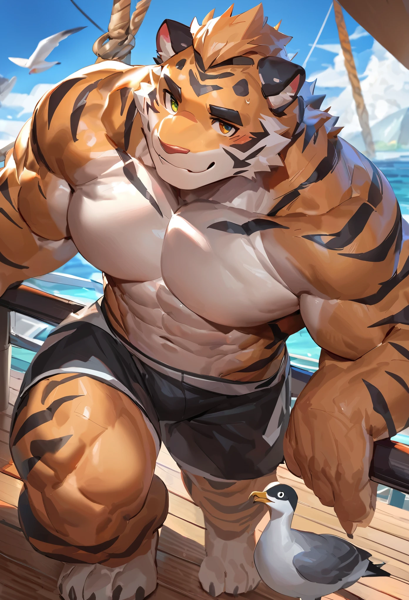 by_lindong, digital art, masterpiece, solo, 1boy, 1man, Huge muscular tiger, porter, Dock, cute, cute expression, focus eyes, detailed ,detailed muscle, background (sea, ship, Seagull), massive muscle, bigger pec, wide pectoral