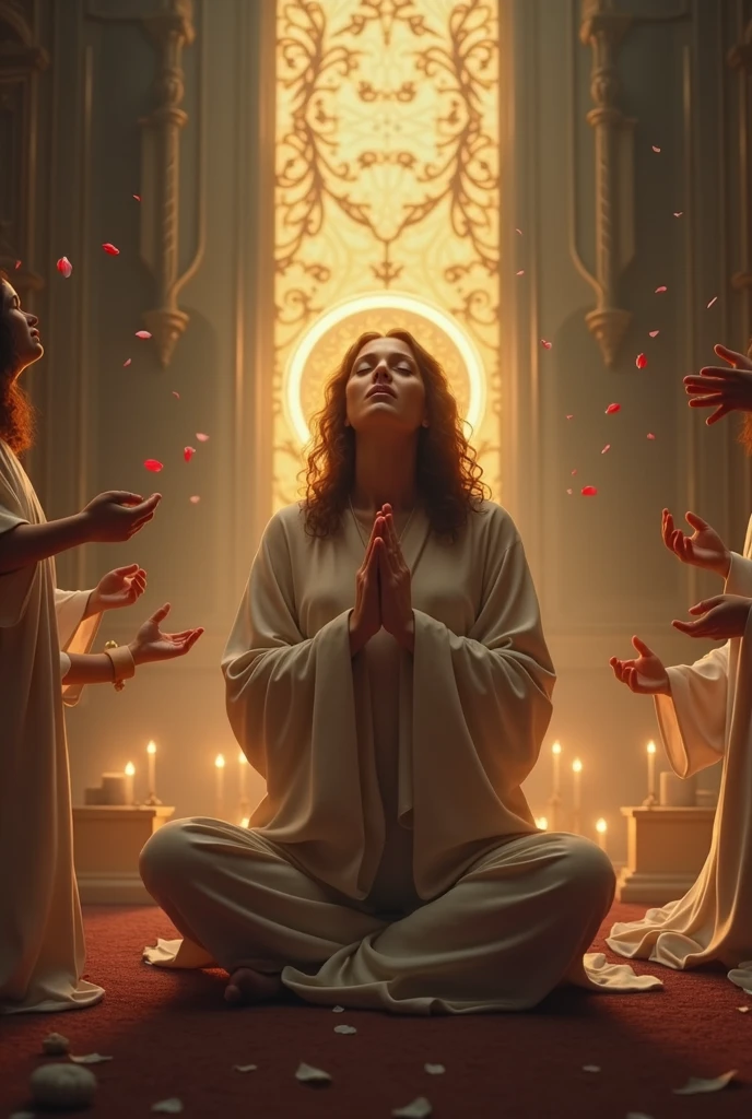 people sitting in a serene sanctuary, where the soft light of candles dances on the walls, creating an atmosphere of peace and contemplation. The mild aroma of incense fills the air, elevating our senses and preparing us for an inner journey.