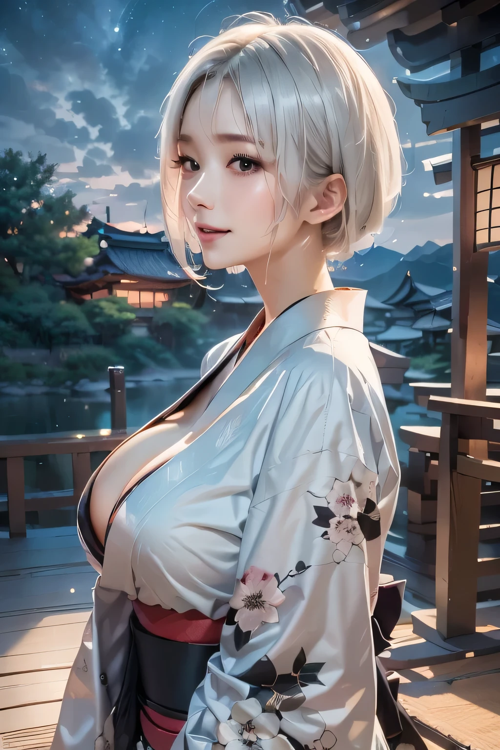 masterpiece, best quality, highly detailed, 1girl, white hair, face: sweet girl, laugh kimono, black kimono, Casual Kimono Style, Sturdy collar、Matte texture clothing. look up at the night sky. Bright and soft impression、It catches your eye.、A tranquil atmosphere、cleavage, outdoors, from side
