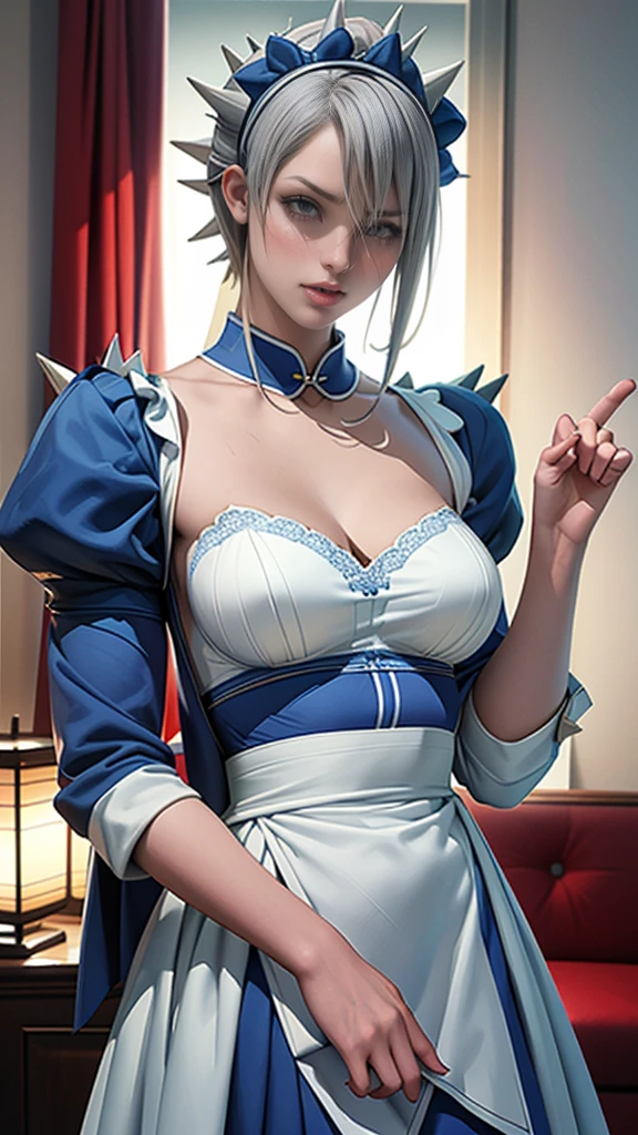 ((16 Nights Sakiya)), ((Touhou Project)), Cosplay, 20-year-old woman, (((gray hair)), ((medium spiky hair)), ((blue maid outfit)), ((white blouse)), midchest, (light)))), (pose))), (photorealistic photo: 1.3), rim lighting, (high detail skin:1.2), 8K UHD, dslr, high quality, high resolution, 4K, 8K, Bokeh, Absurdity, Best ratio four fingers and one thumb, (Real:1.3), Cutest 1 Girl, Lots of Knives