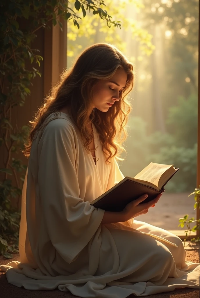 Create a realistic and inspiring scene that highlights a Bible as a background in an ideal environment for prayer. Imagine a quiet and cozy space at dawn, with soft natural light entering through a large window. Place the Bible on a simple pedestal or altar in the center of the scene, with visible open pages revealing passages of text that suggest a message of hope and faith.

Around the Bible, create a prayer environment with a modestly decorated table or altar, including lighted candles, a rosary, and fresh flowers such as lilies or lavender that add a touch of beauty and serenity. In the foreground, place a person in a prayer position - kneeling or sitting in a comfortable seat - with an expression of peace and contemplation, reflecting a deep spiritual connection.

The background can include a natural environment, such as a serene garden with trees and flowers, or a room interior with stone or wood walls, creating a harmonious contrast with the soft morning light. Use a palette of soft, warm colors - shades of gold, green and light blue - to evoke a sense of calm and inspiration. Make sure the Bible is highlighted, symbolizing the importance of prayer and spiritual reflection."