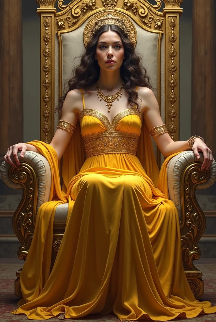 The goddess of gold and time, with a beautiful face and her fierce blue eyes pair with her wavy long dark blue hair cascades in her waist and her even white skin tone with her golden dress and gold accessories around her body, a pointy nose and a face with fierce eyes but calm face at the same time, standing beside a big clock and golds in her hands, she’s tall and represents a body shape with big boobs and big butt, holding alot of golden objects, sexy body and deceive deceiving look, an object in her hand and sitting in her throne