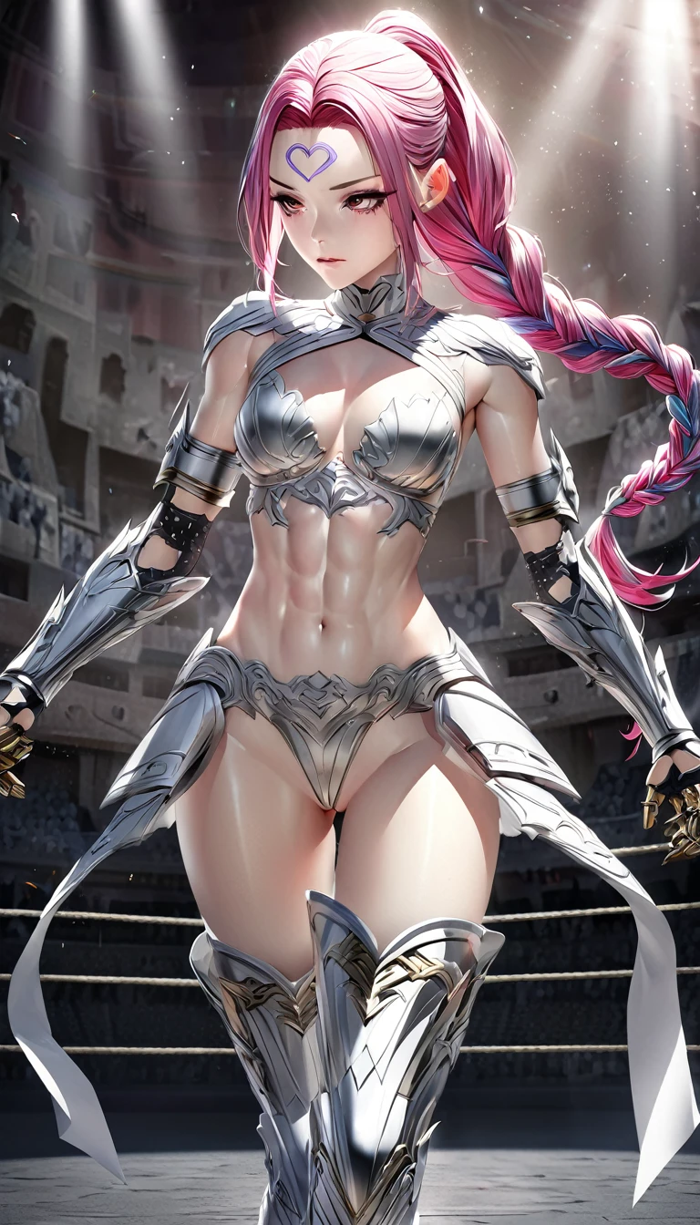 beauty gladiator, rainbow braided bangs ponytail, forehead, striking beautiful eyes, fascinating, make-up, amorous and lewd expression, wearing white and silver plated armor, thigh high boots, brass knuckles, abs, perfect proportions, covered in tattoos, background colosseum, delicate and dynamic textures, contrasts of light and shadow, 2.5D, digital graphic CG, artistic photography, hyper realistic, ultra detailed, absolutely resolution, best quality