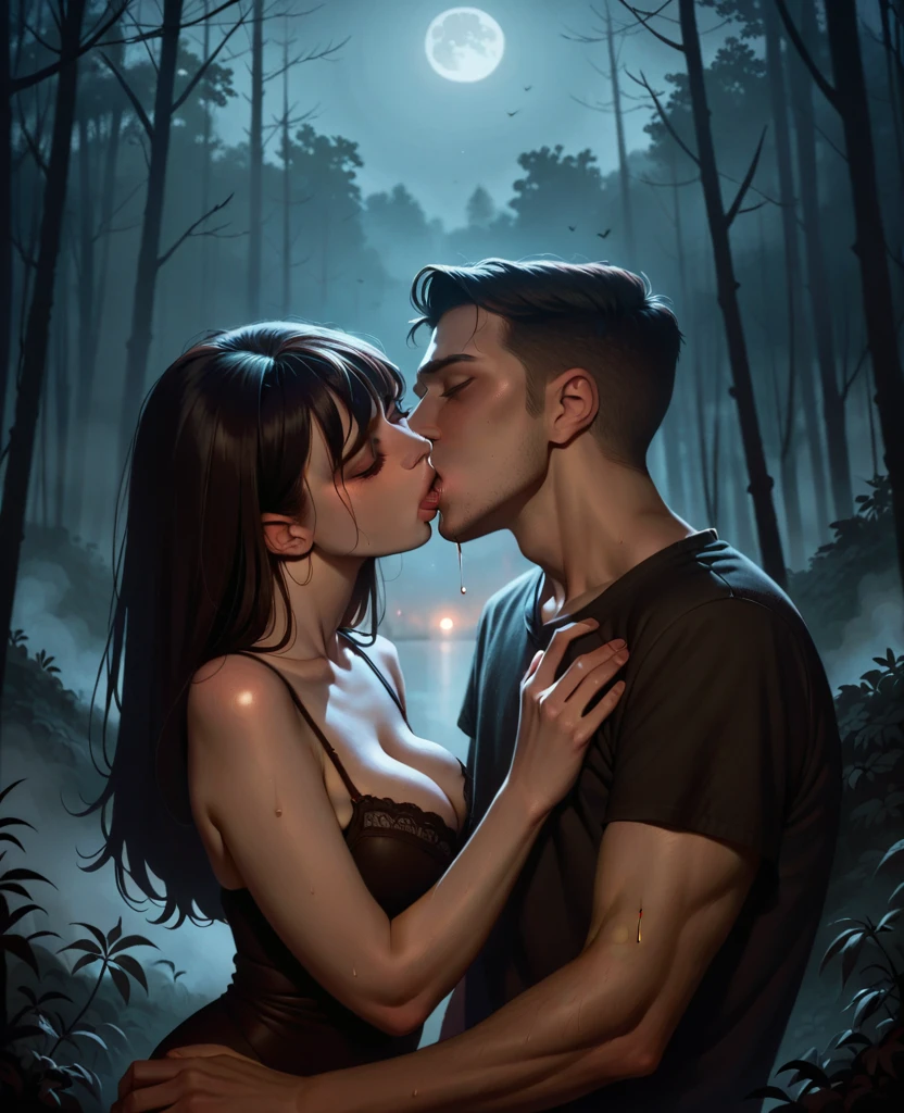 A malicious and evil female succubus seducing and kissing a male innocent nerd in a dark and gloomy foreboding forest, night, darkness, fog, despair, desperation, grimdark, depression, creampie, chocolate croissant