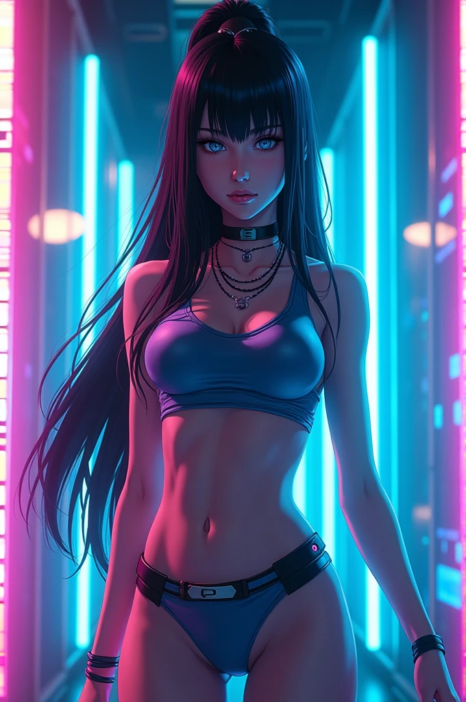 cute girl is standing alone in a night club, surrounded by blurred out figures. The mood is serious, with a touch of loneliness conveyed through her expression. Her eyes are fixed on the viewer, drawing them into the scene