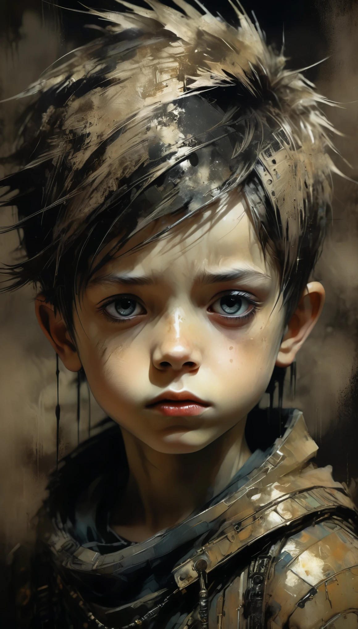 Intricate and detailed portrait of a young boy., Fantasy character design, cyberpunk, Dark and moody lighting:1.5, spectacular chiaroscuro lighting, film compositionAshley Wood style, sandy grunge texture, sharp focus, hyper detailed, 8K, (The best quality:1.2), (photorealistic:1.37).AniPnyXLQual, HashbinPnyXL