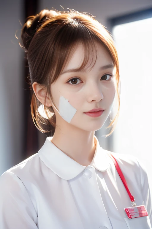 (Tabletop、highest quality、32k、Award-winning works、Ultra-high resolution)、(One beautiful nurse:1.1)、(The perfect white nurse uniform:1.1),Chignon,Shiny, beautiful hair,Accurate anatomy,(Strongly blurred white background:1.1),(very bright white lighting:1.1)、(Close-up of face:1.3),Perfect beautiful makeup,Spectacular Cinema Lighting、Tyndall effect,(standing elegantly:1.1),(Shining white skin:1.1)、Shiny beautiful skin、Radiant Skin,