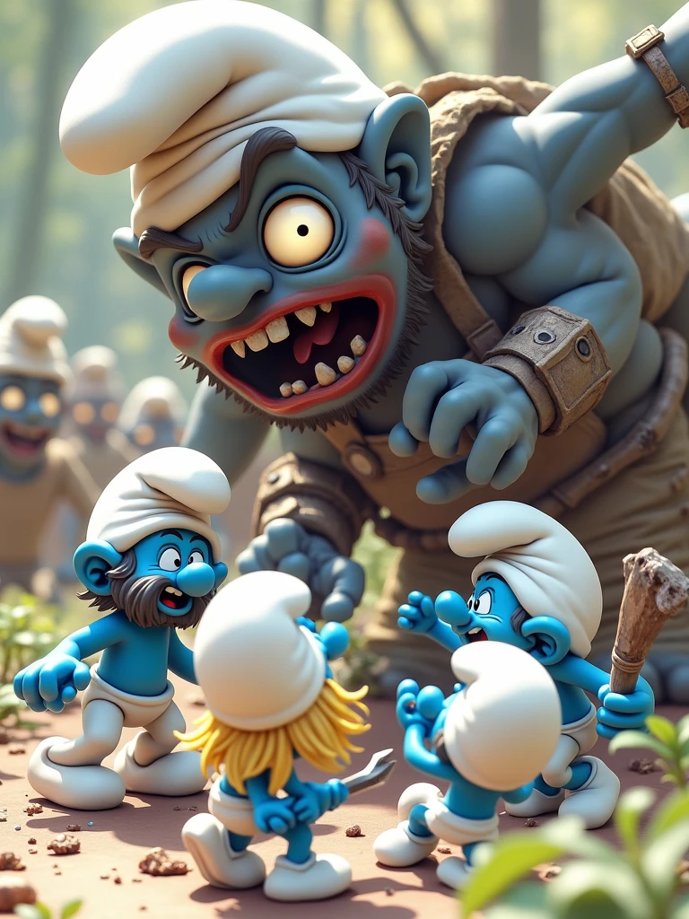 a group of 6 smurfs with papa smurf dressed like characters from the video game Rust all lying on the floor unconscious and defeated by a single naked human character from the game rust with a crossbow who is proceeding to loot the smurfs valuables