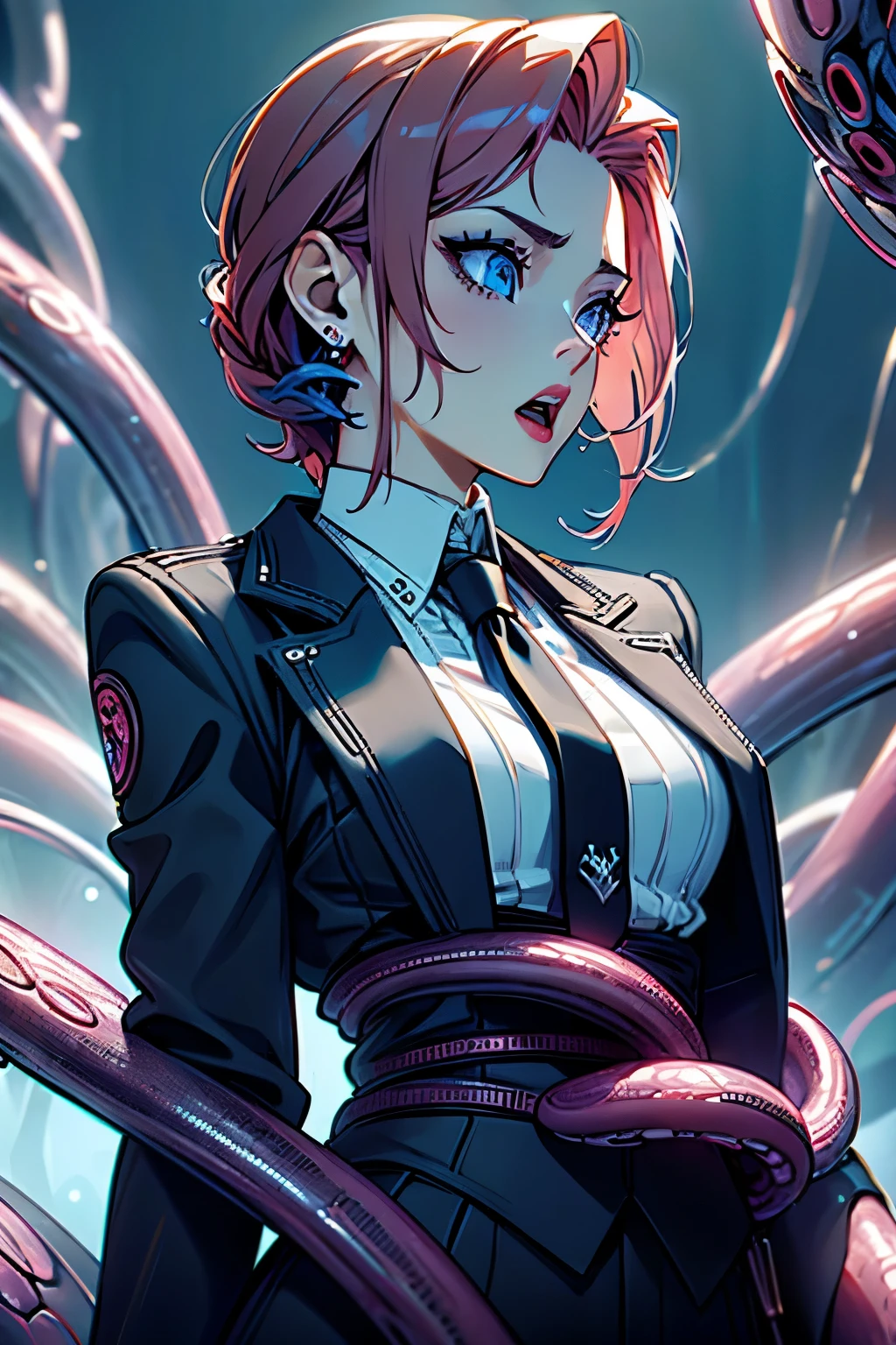 (highest quality:1.2), Many tentacles bound 20-years-old official lady. From front view, illuminated by neon light, a photorealistic cute lady, detailed noble face, European faces like a doll, surprised face, astonished blue eyes with eyeshadow, dark bloody-red lip,Short-cut pink hair,open mouth to scream, upper body portrait, wearing business suits, wearing tie.