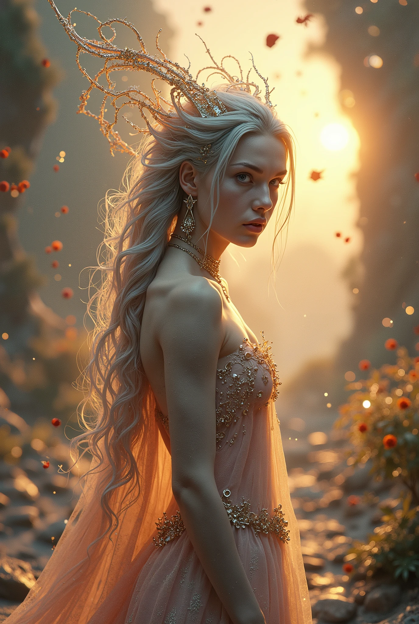 (High quality, ultra detailed by hand) (detailed hands) Goddess of nature, detailed face, crystalline eyes, face with makeup, blush and lipstick, detailed hairlines and eyebrows, Temperamental, impulsive, creative, impatient and assertive style. blonde hair, tiara of red dried leaves, (((half body from the knees up))), transparent dress embroidered in iridescent gold threads, detailed and intricate, in a dynamic pose, in the enchanted forest, flowers, animals, glowing butterflies, In the background of the evening sun between colorful clouds, rays of light reflect from behind on the hair, a dazzling fantasy of charm and magic. In the best quality, HDR, 8k.