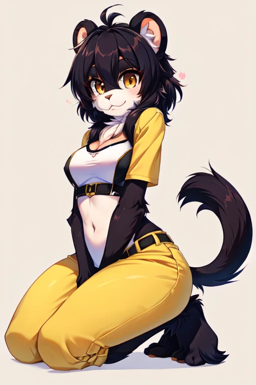 ((man)), standing, black crop top, standing, ((wearing small glowing orange ring)), long black hair, surprised, thin waist, wide hips, massive breasts, massive ass, cleavage, cat ears, tail, paws, snout