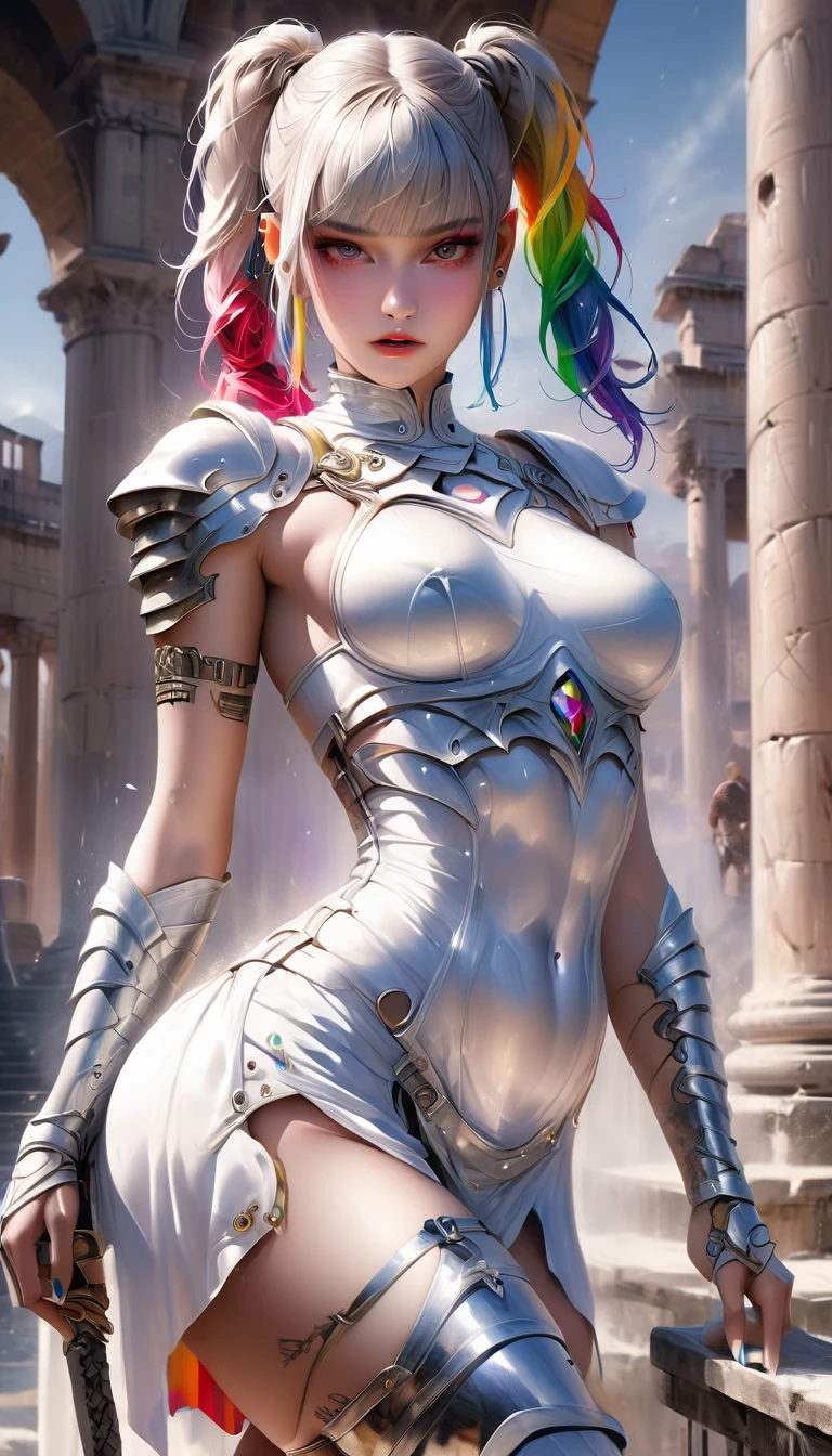 celebrity photo, brut, belle femme, ((portrait)), ((detailed face, colorful rainbow hair:1.2)), ((detailed facial feature, detailed skin, peau propre, parted lips), (corps parfaitement proportionné, seins moyens, clivage), (portant une élégante armure dorée, full armor: 1.5)), (high detailed castle rooftop: 1.3), (Realistic photo, Best quality, detailed), (Fond d'8k screen), (Cinematic lighting, Dramatic lighting) (Sharpness, Complexe)