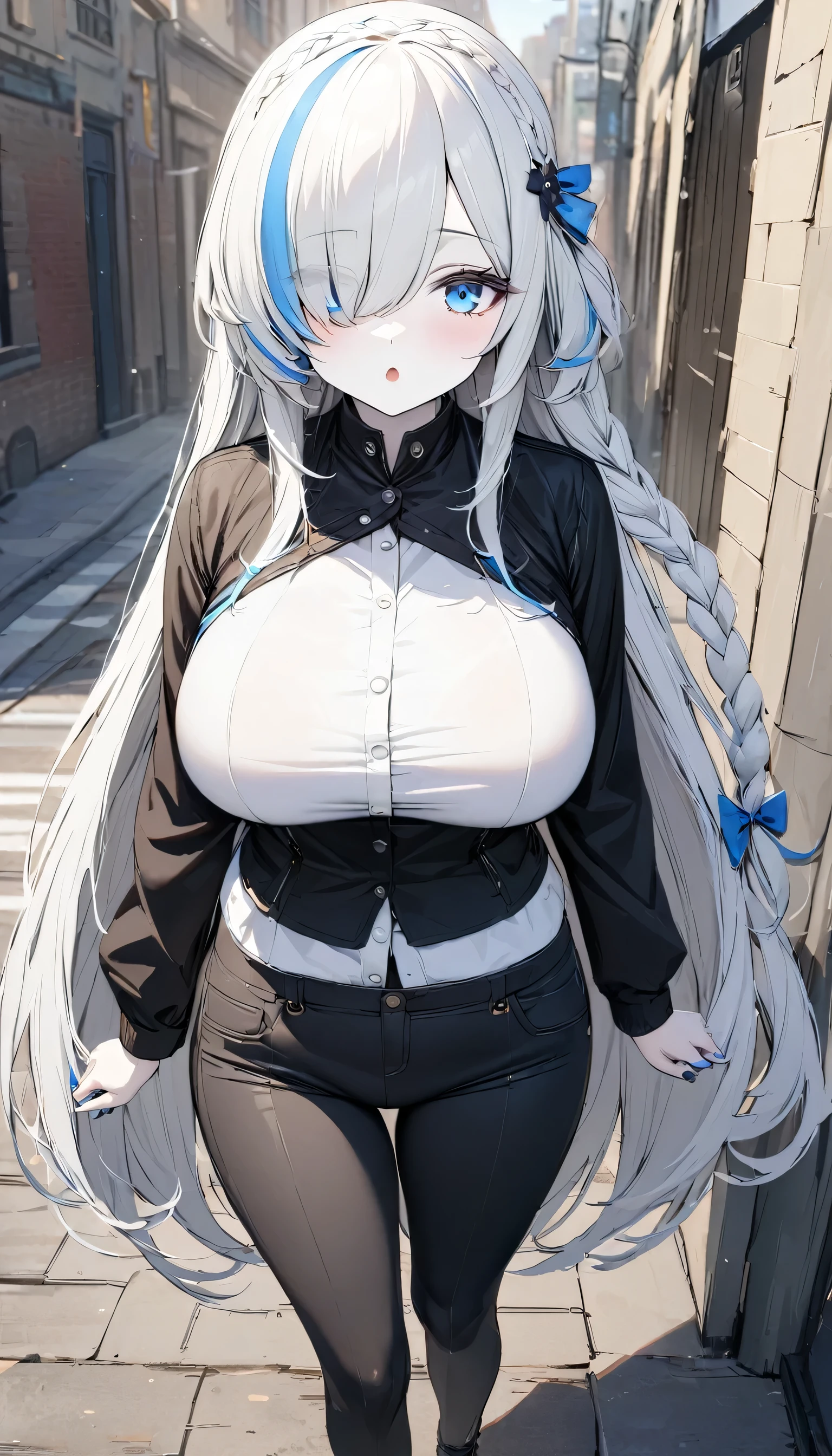 masterpiece, high quality, high detail, 4k, rtx, high resolution,1girl, blue_streaked_hair,hair_over_one_eye, blue_eyes,very long hair,braid,white hair_ornament,pale skin,blue nail_polish, solo,long sleeves,top, trousers,: o,cute face,(pov:1.2),(facing viewer:1.2),(Well-shaped and firm large breasts, developed large breasts:1.3),aged_down,standing, street.