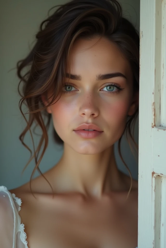 "((Photo d'une belle fille)), ((Nationalité espagnol)), ((brune)), ((Cheveux attachés)), La fille a l'air timide, ((Visage détaillé)), ((peau détaillée)), silhouette attrayante, ((grands yeux bleus ronds)), eye-liner noir, ((Lèvres sensuelles)), pose suggestive, ((s'sans aucun vêtement)), ((nu intégral)), ((La photo doit être de la plus haute qualité)), ((réaliste)), ((naturel)), ((clair)), environ 20 ans, ((en mode selfi miroir))" taille 1m63