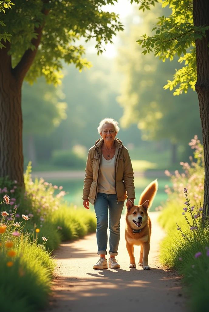 Owner recovering and taking his dog for a new walk in the park, both happy