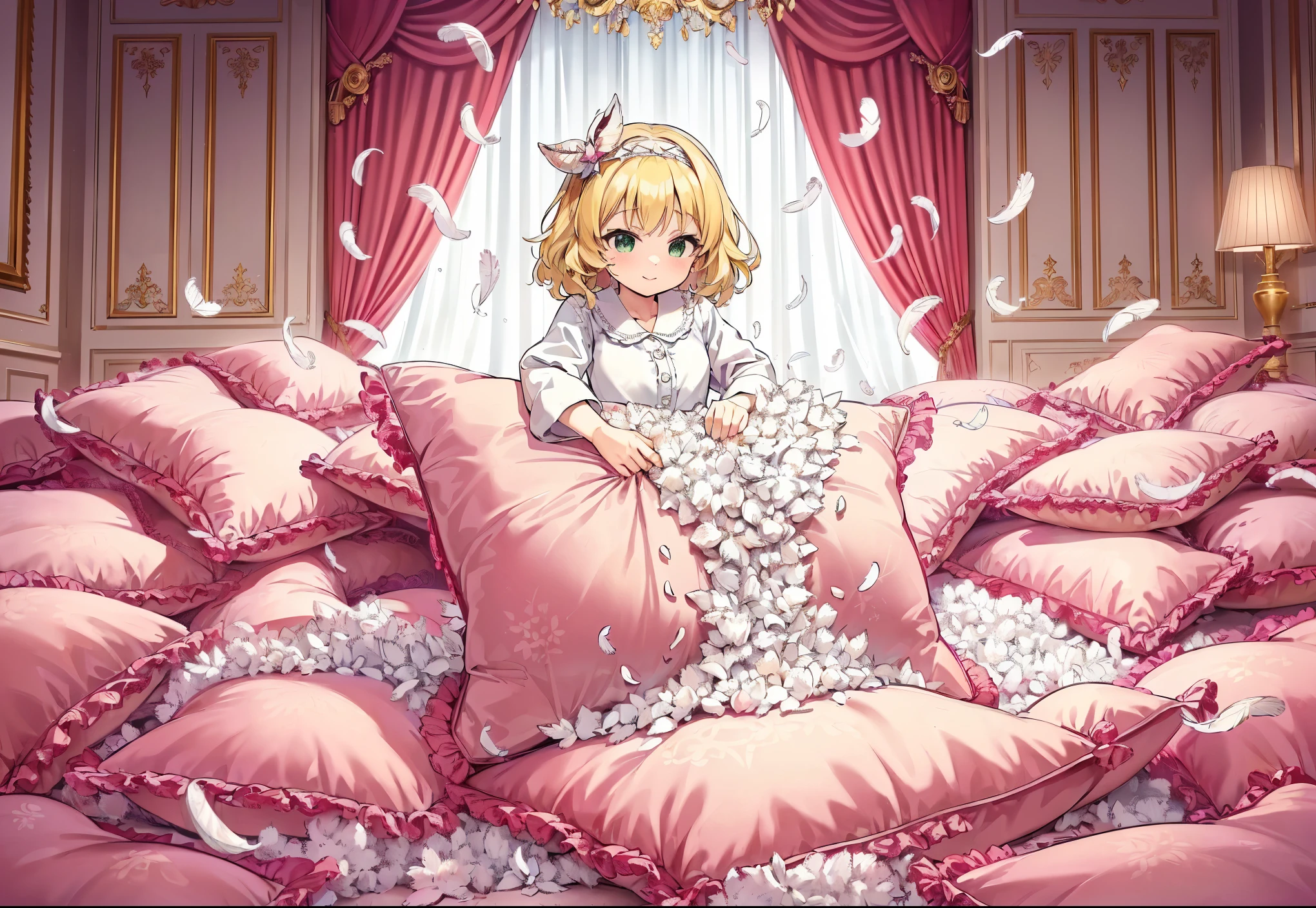 (best quality， masterpiece) , details, (Light and shadow oxtail) , Cute girl posing on pillow ，Pillow, Upholstered，Soft pillow，（Pillow），The love surrounding the protagonist，steam，(Luxury Pillow），（Gorgeous pattern pillow），luxurious pillow, standing,（Love around the protagonist），（pillow）, frilled pillow   , 1 pillow, standing on a top of pillow, on pillow, big pillow, fluffy pillow, pillow damage, stomping pillow, stomping, pillow on floor, stepping on pillow, posing on top pillow, full body, pillow on floor, (((feathers))), pillow destroy, ripping pillow, tearing pillow in half, feathers everywhere, cotton, stuffing pillow, sakurai_momoka_theidolmastercinderellagirlsu149, blonde_hair, hairband, short_hair, green_eyes, bangs, upper_body, smile, bow, open_mouth, wavy_hair